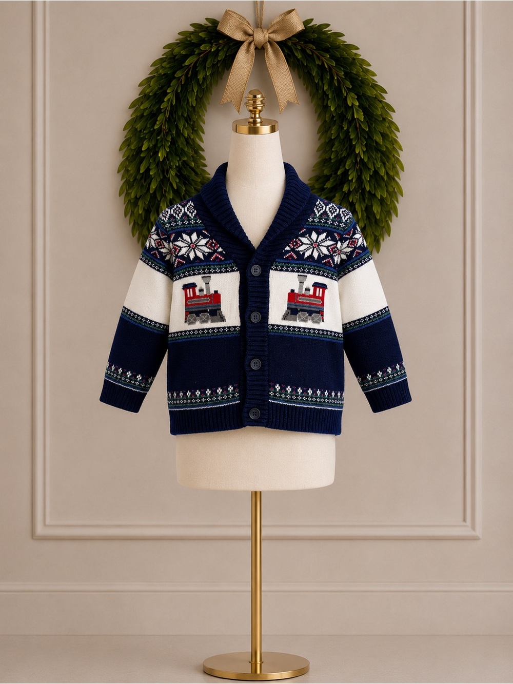 Janie & Jack 100% Cotton Navy Ivory Red Train Sweater Cardigan
